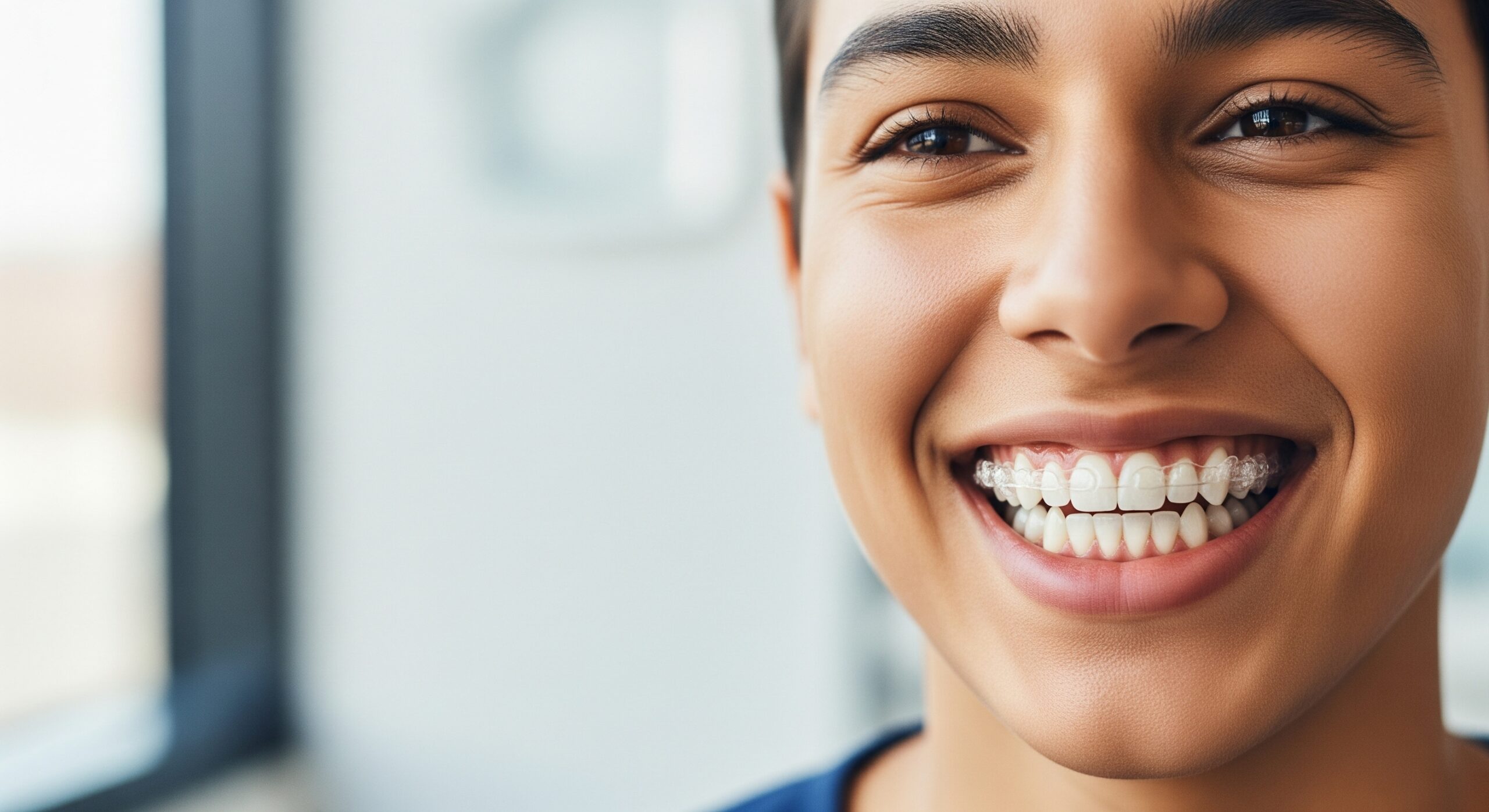 Close-up of a smiling person wearing clear braces, showing straight teeth and translucent brackets.