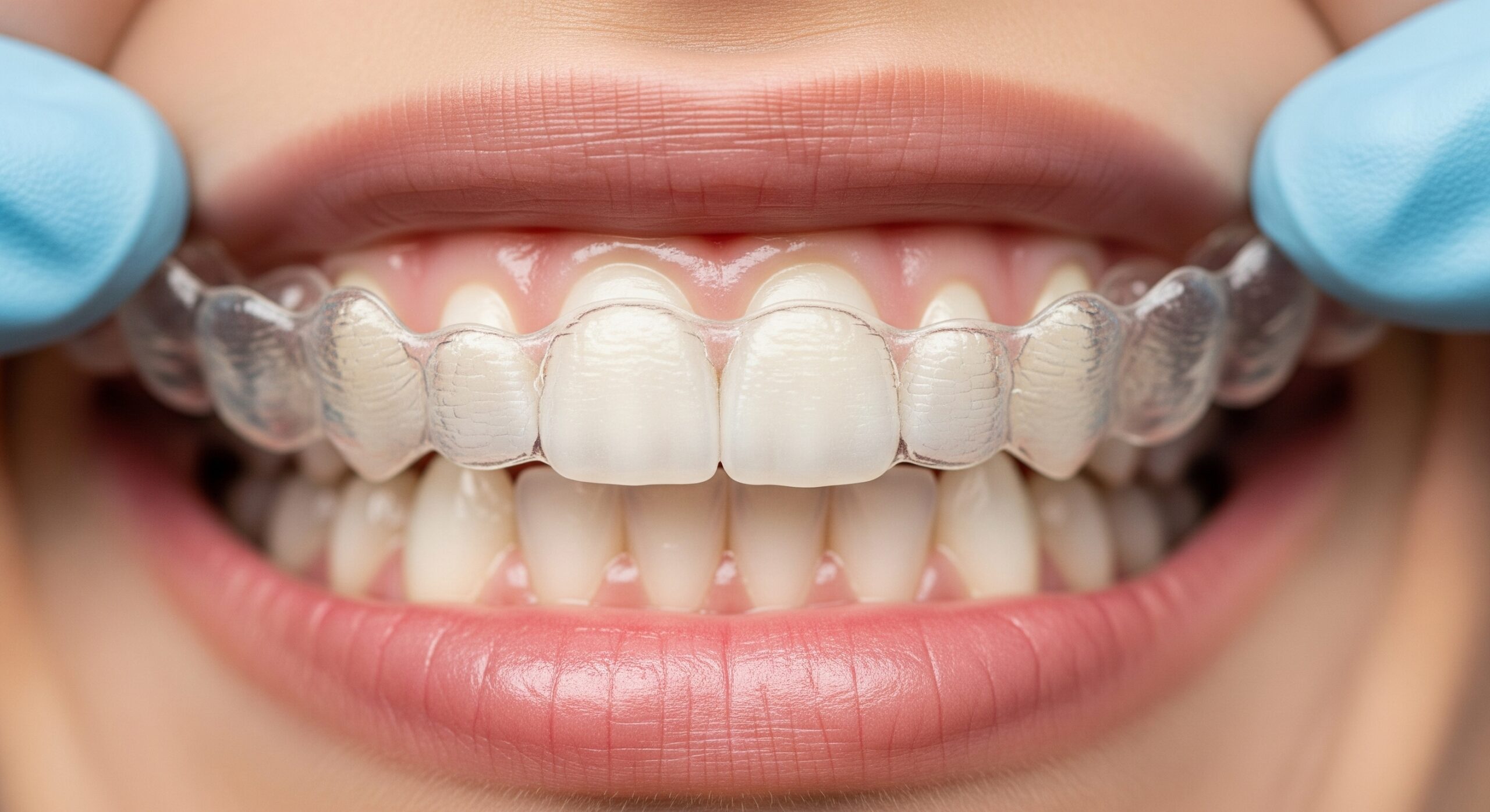 Close-up of clear aligners being fitted over clean, straight teeth during an orthodontic procedure.