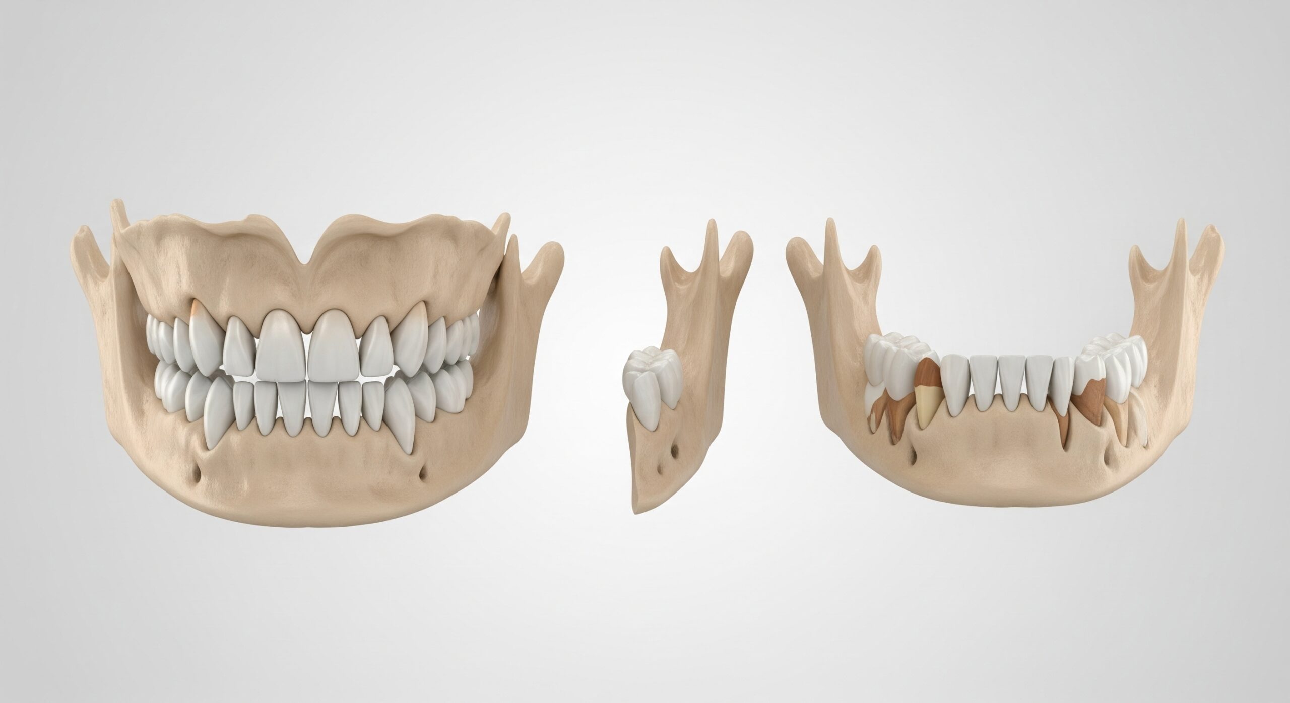 3D illustration comparing a full healthy jaw with teeth to a jaw showing missing teeth and bone loss.