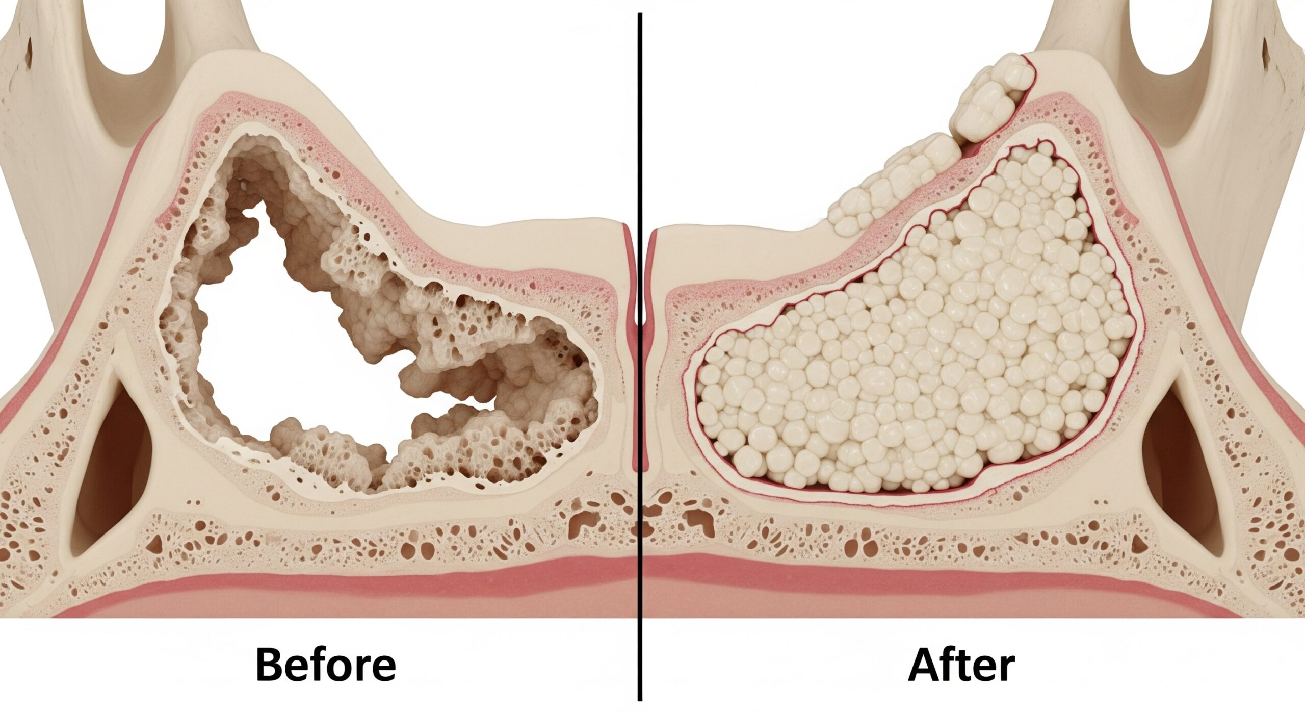 3D illustration showing sinus cavity before and after bone grafting to prepare for a dental implant.