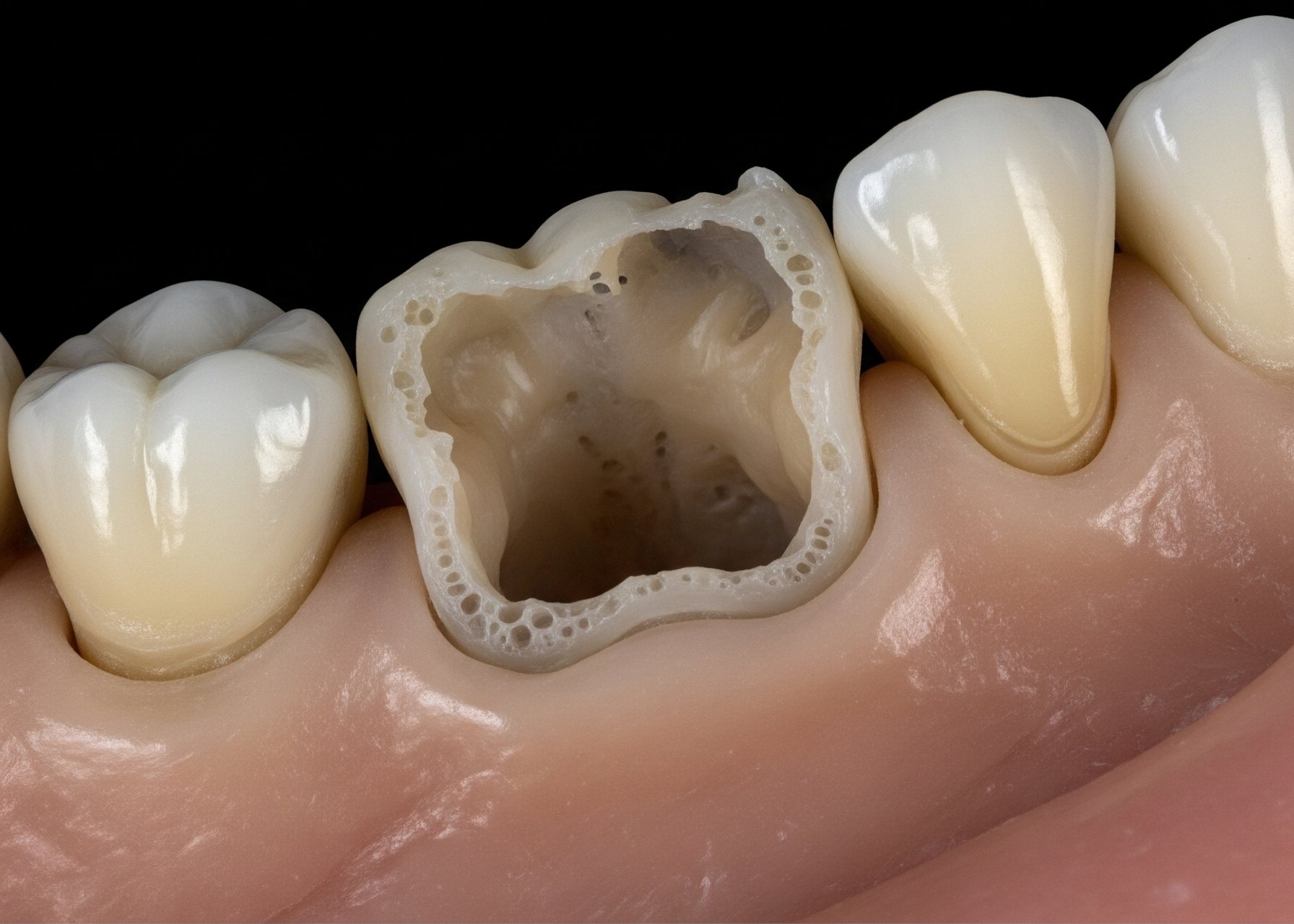 Close-up 3D illustration of a severely decayed tooth showing internal cavity and damaged structure.