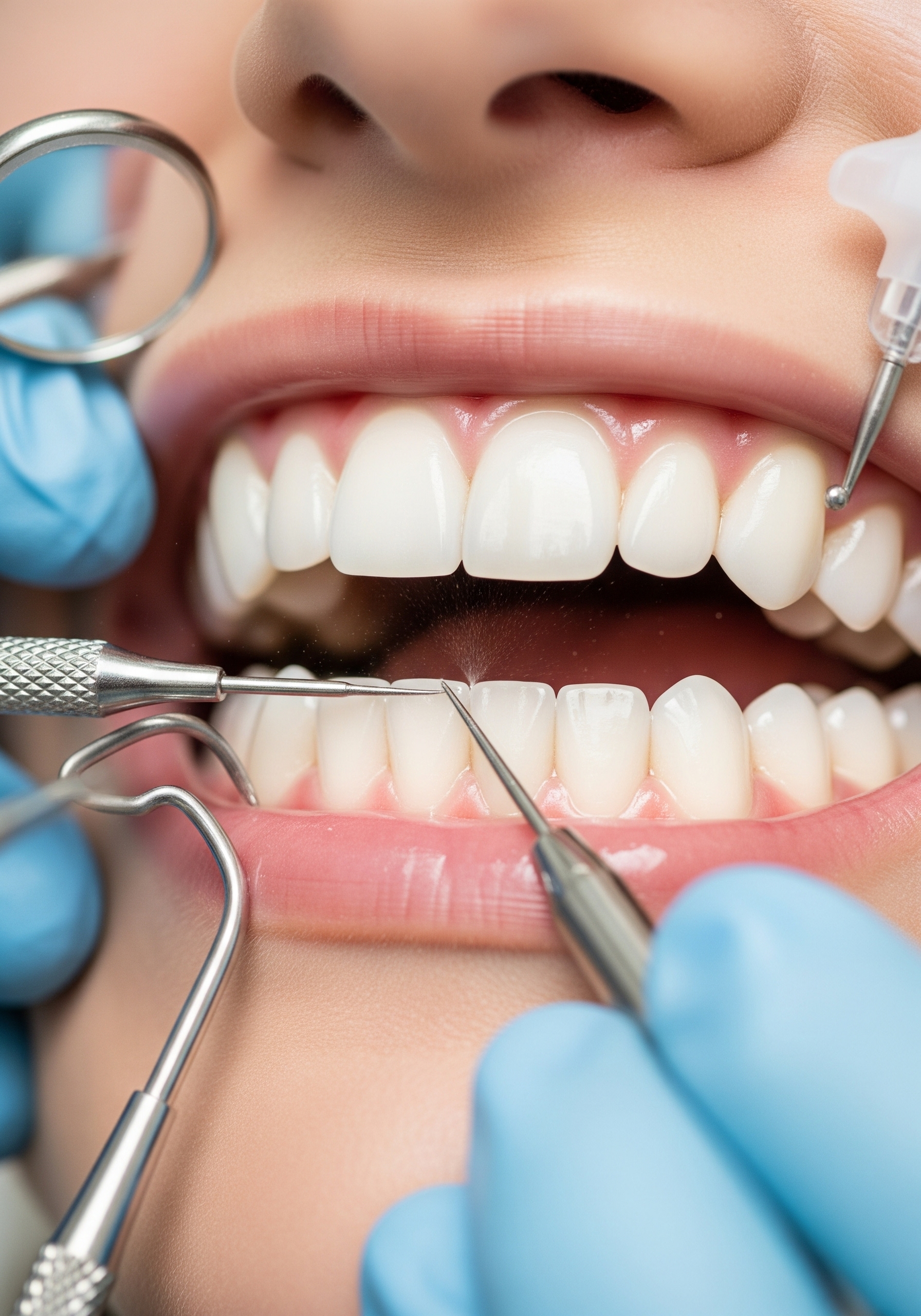Close-up of a dental professional performing a detailed teeth cleaning with multiple instruments on a patient's smile.