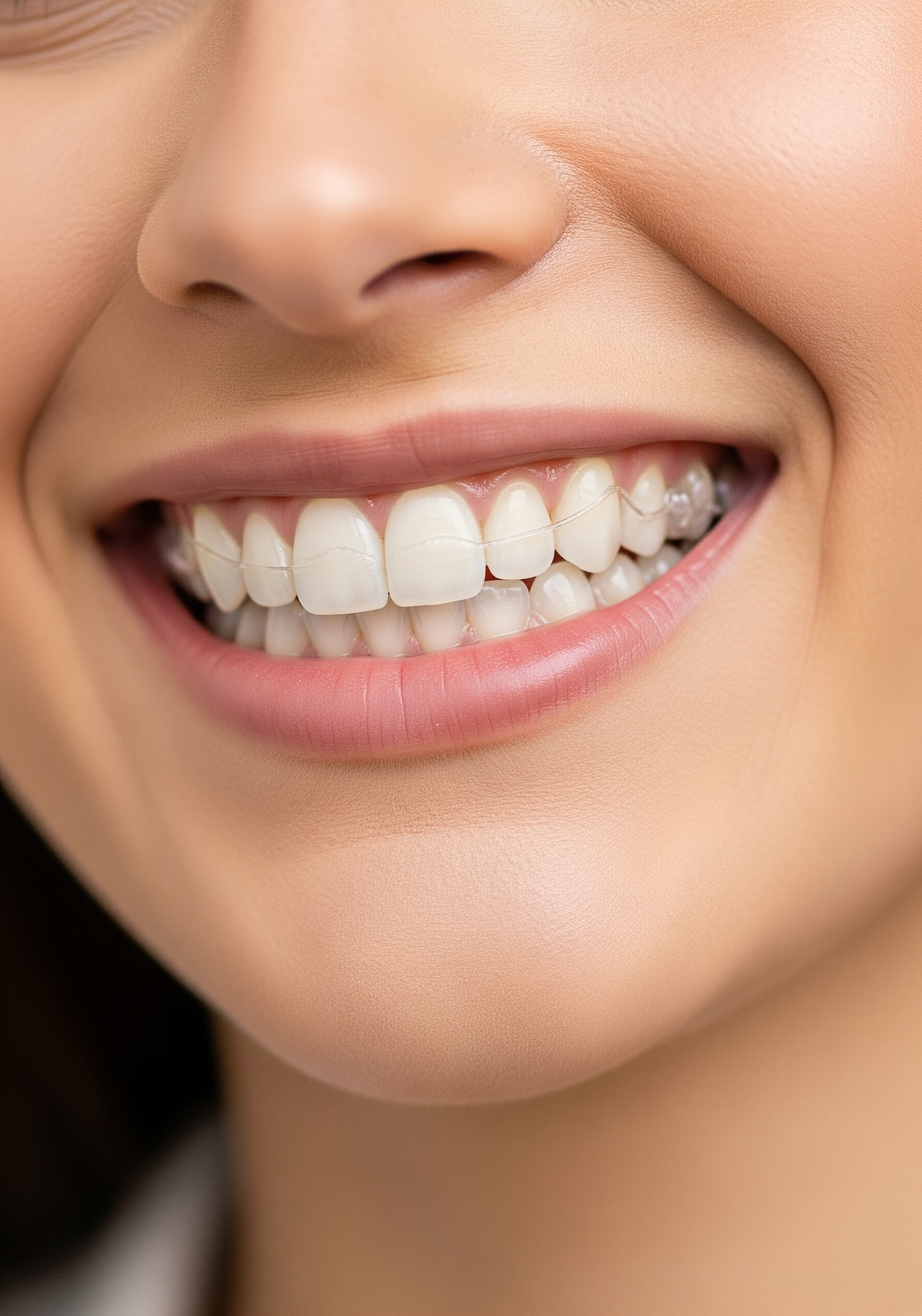 Close-up of a smiling woman wearing clear aligners, showing straight, clean teeth and healthy gums.