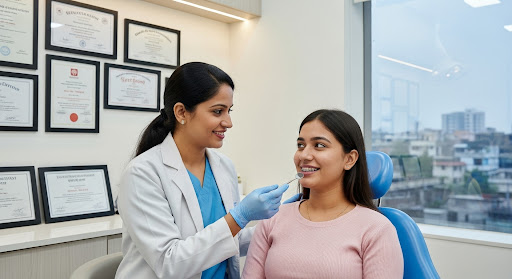 Female dentist guiding a patient on clear aligner use during an orthodontic consultation in a modern clinic.
