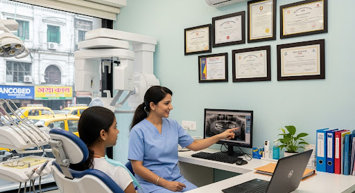 Dentist showing a patient their dental X-ray on a computer screen during a consultation in a modern clinic.