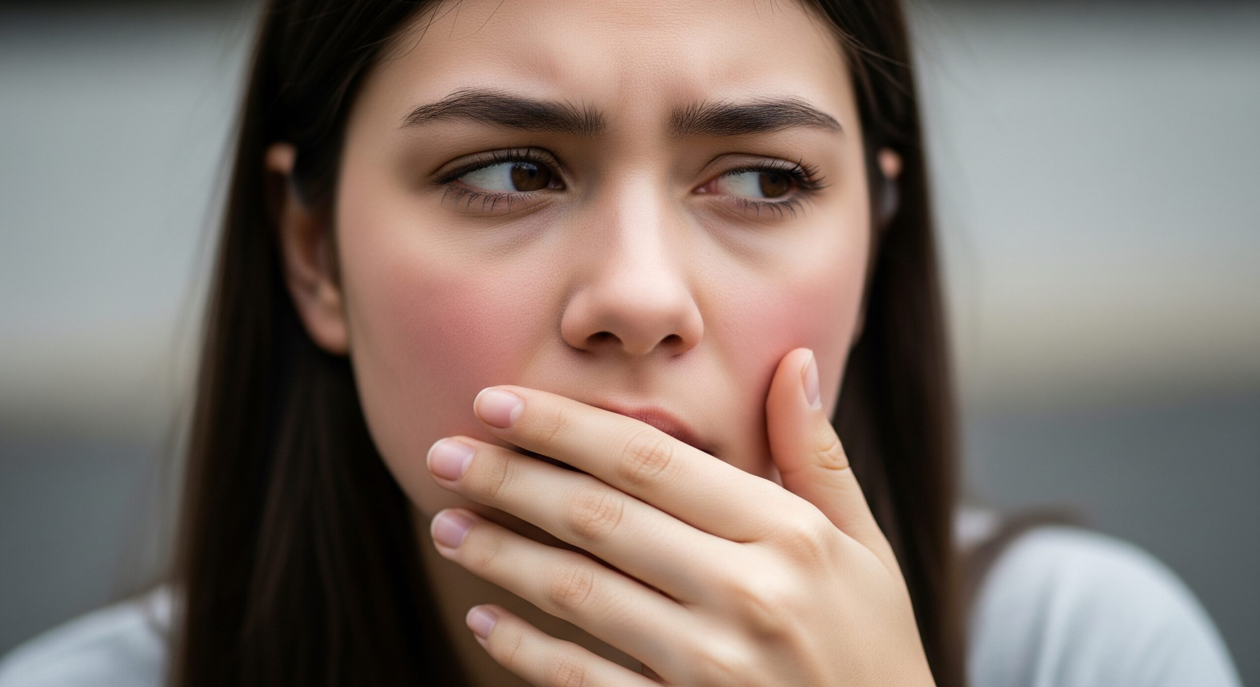 Close-up of a young woman expressing worry, covering her mouth with her hand in surprise.