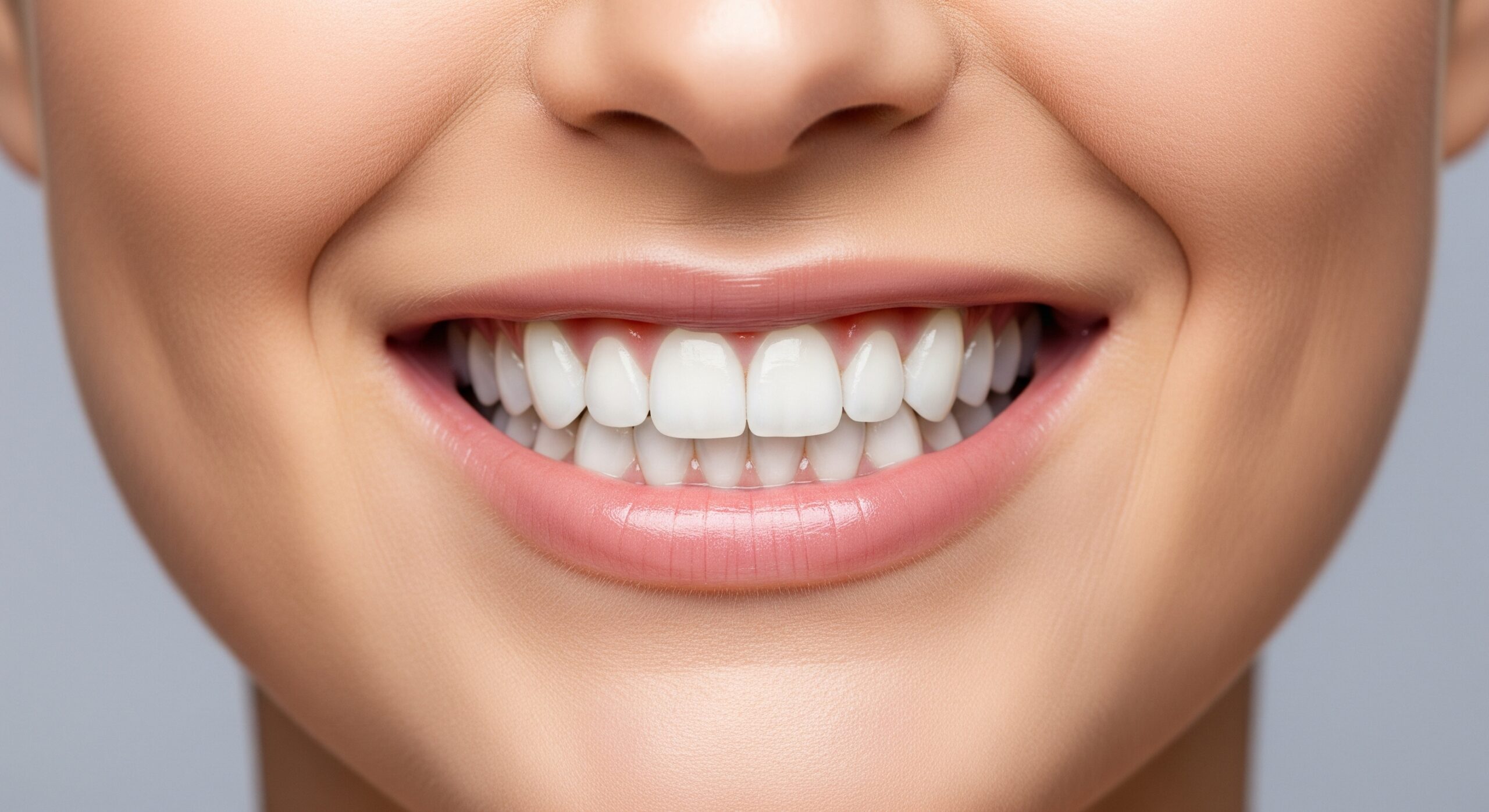 Close-up of a bright, healthy smile showing clean white teeth and smooth pink lips.