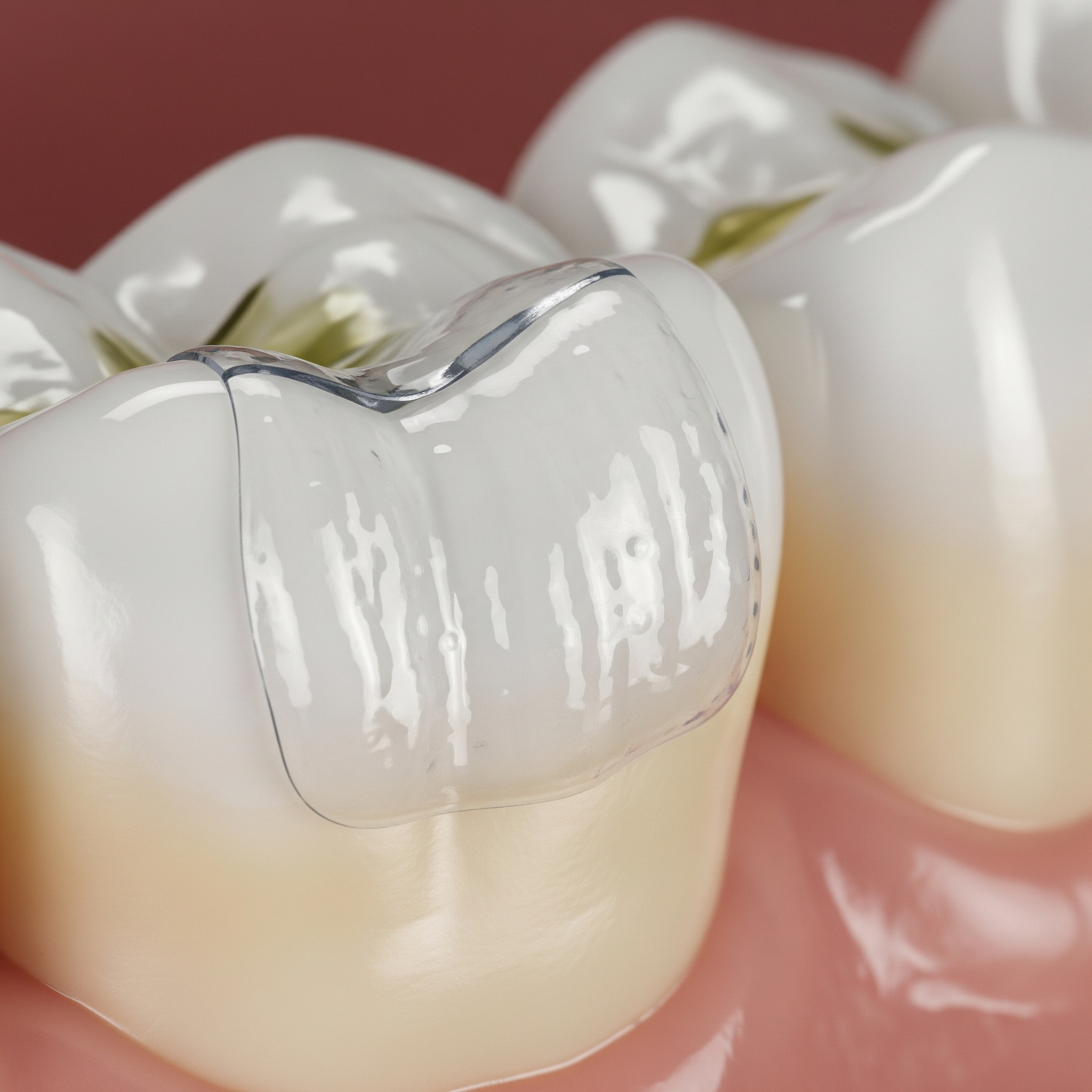 Close-up of a dental crown restoration placed on a molar tooth showing smooth ceramic finish.