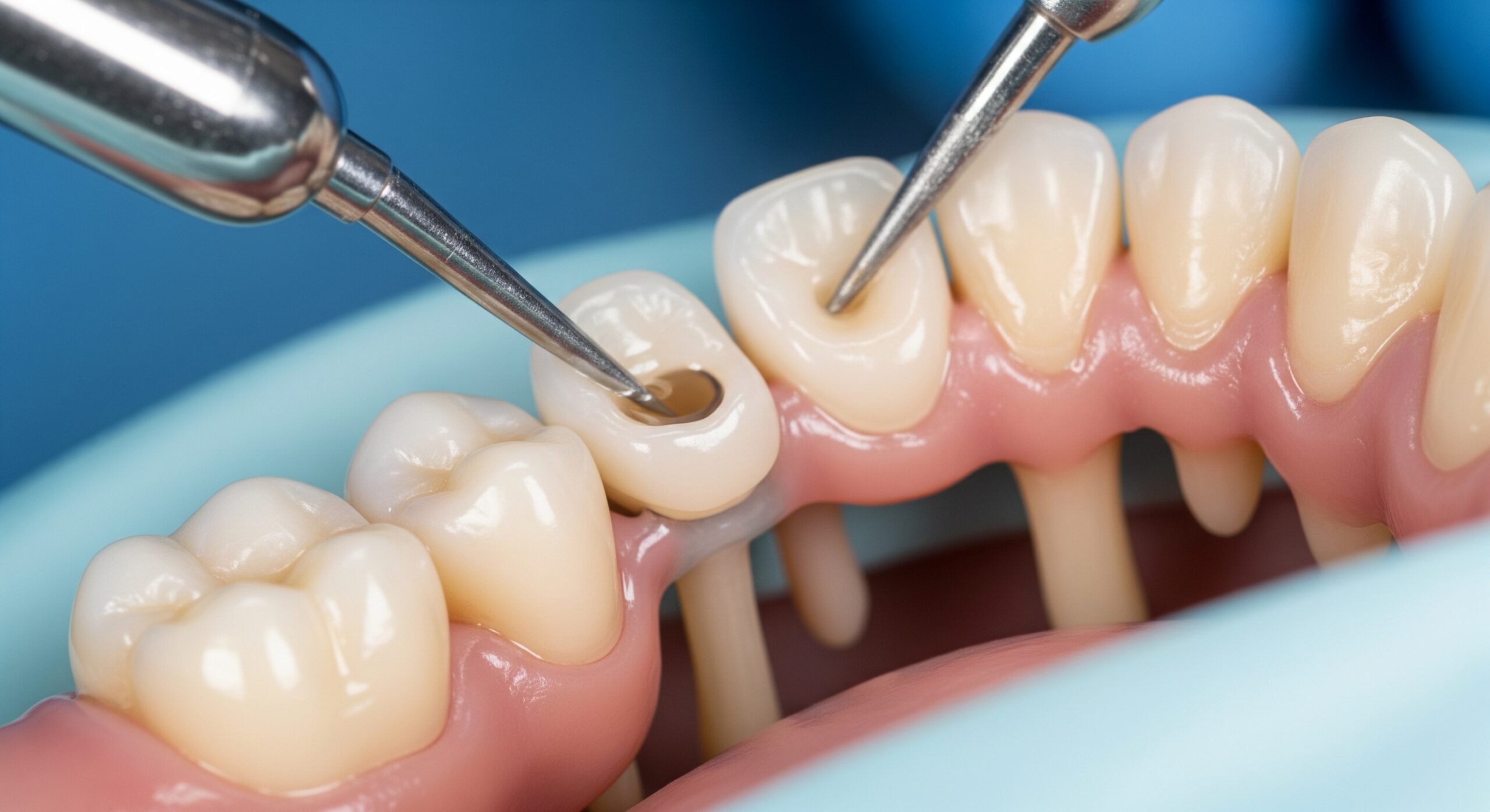 Close-up of dental tools cleaning a decayed tooth during cavity preparation on a detailed tooth model.