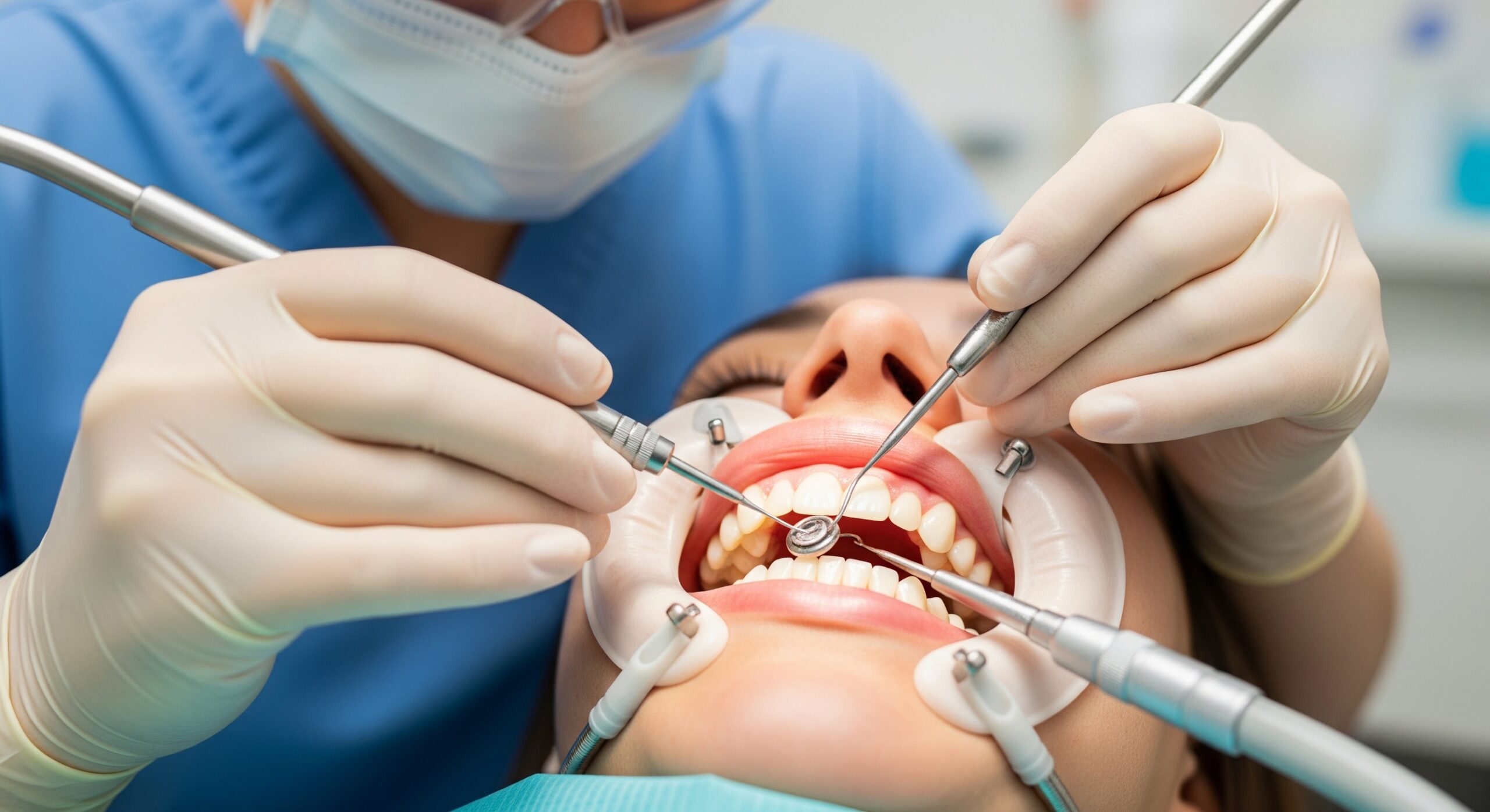 Illustration of root canal treatment stages showing tooth anatomy, pulp removal, and canal cleaning.
