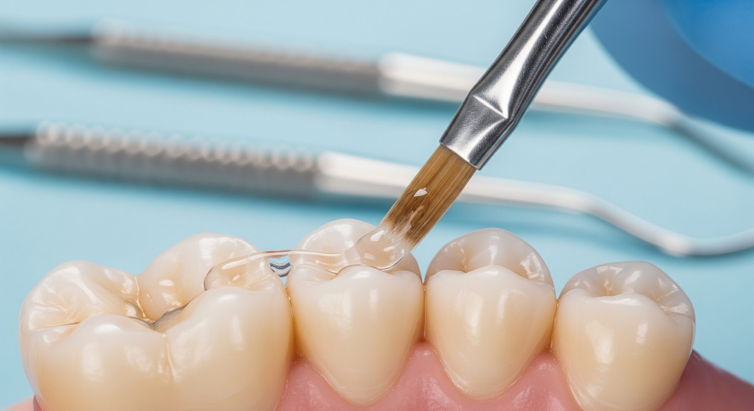 Close-up of dental sealant being applied to molars with a precision brush during a preventive dental procedure.
