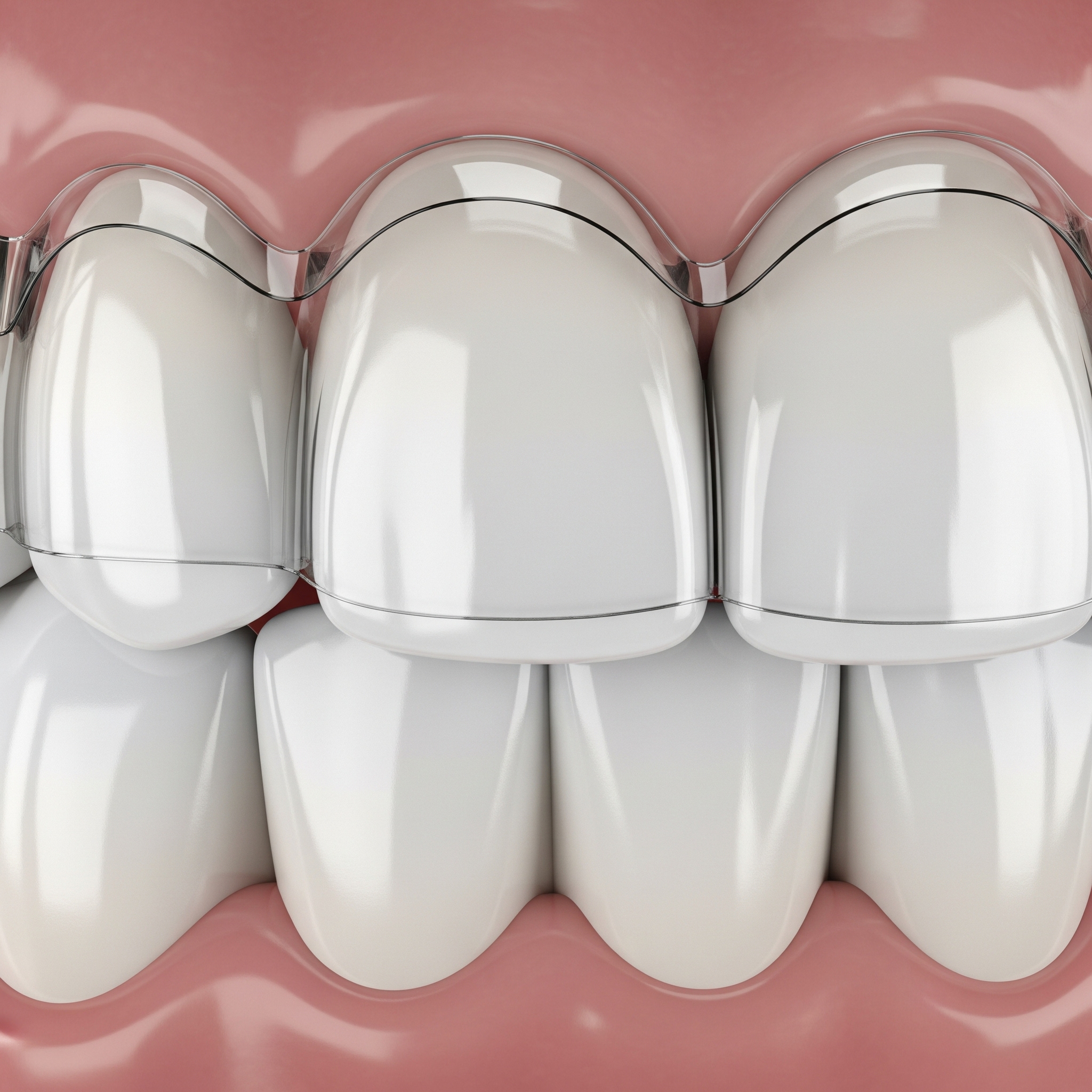 Close-up 3D render of clear aligners fitting over upper front teeth for orthodontic correction.