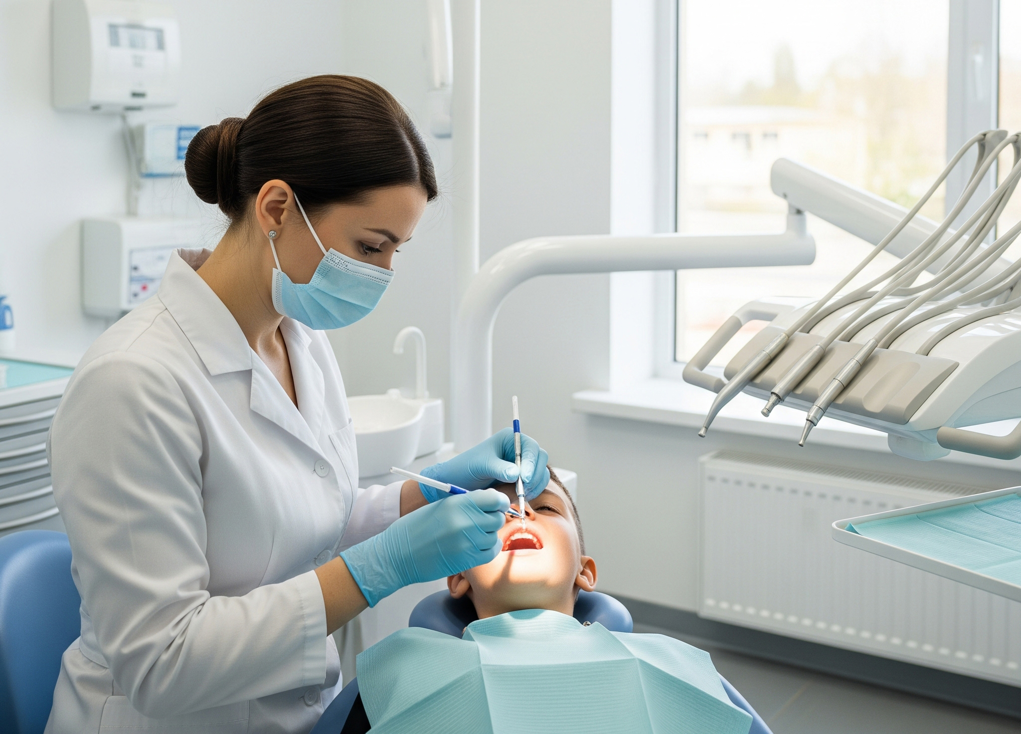 Dentist performing a dental procedure on a child in a clean, modern clinic with professional equipment.