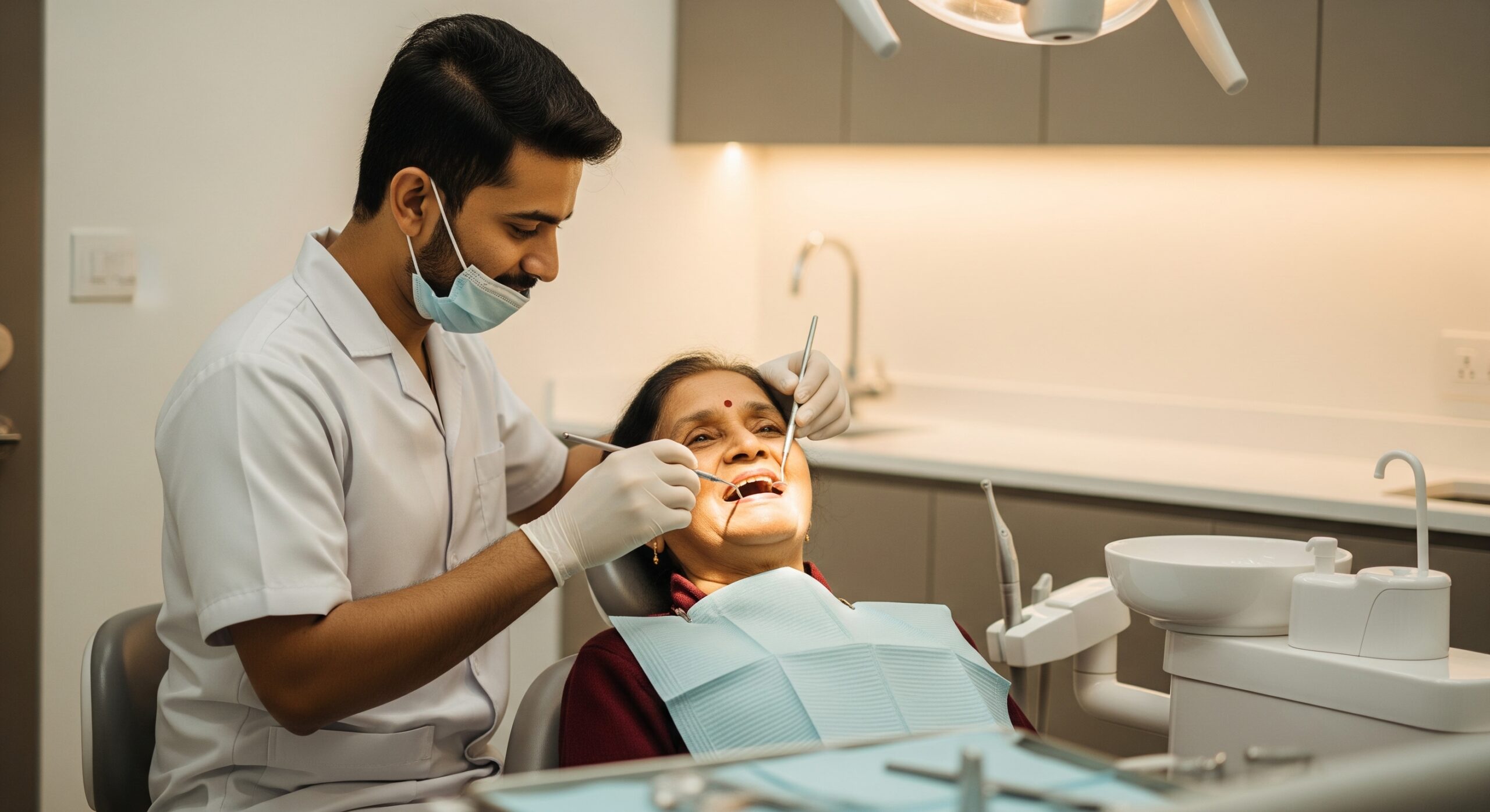 Dentist performing an oral examination on a smiling elderly patient in a modern dental clinic.