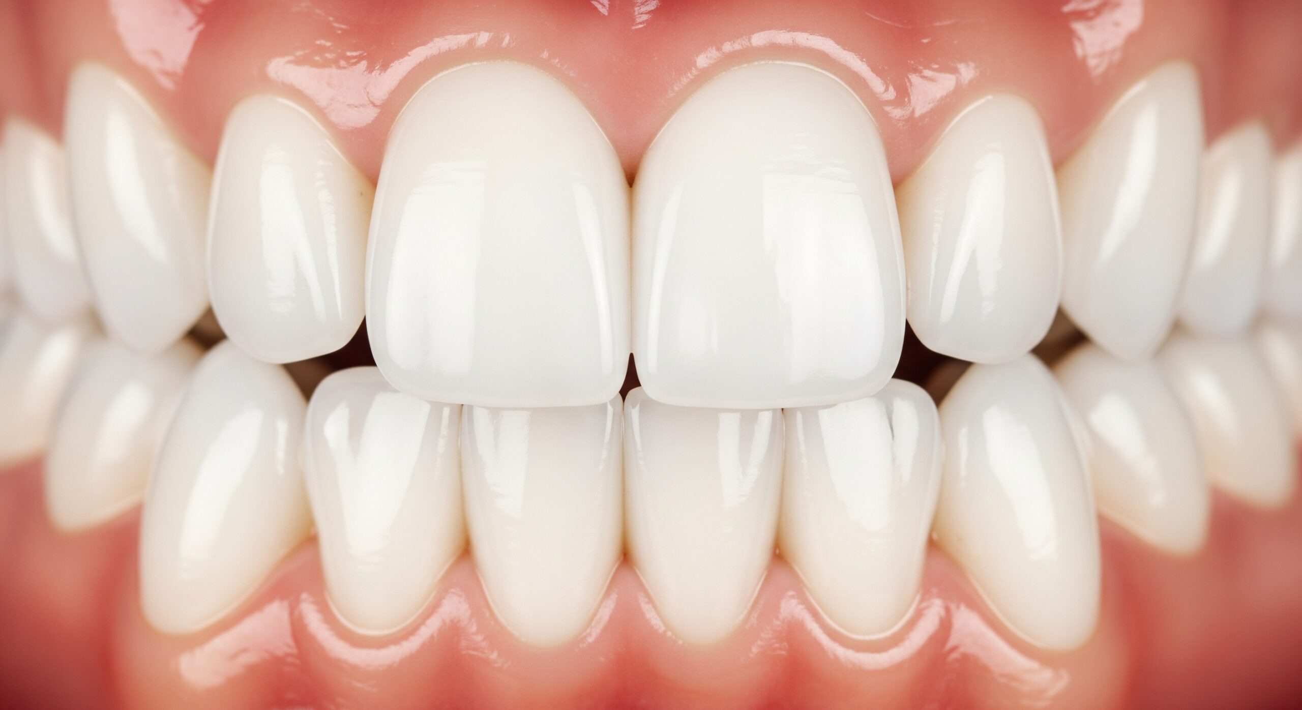 Close-up of clean, well-aligned teeth showing healthy enamel and gum structure.