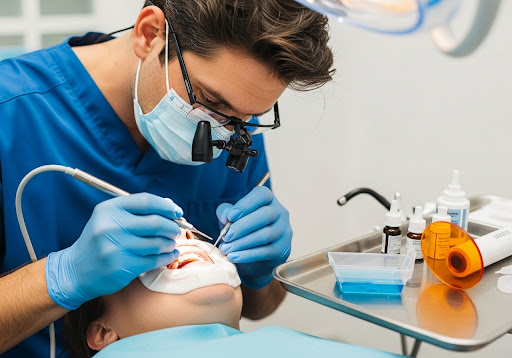 Dentist wearing magnifying loupes performing a dental procedure on a patient with tools arranged on a tray nearby.