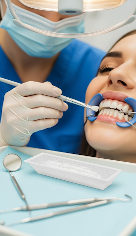 Dentist applying whitening gel to a patient’s teeth during a professional teeth-bleaching procedure.
