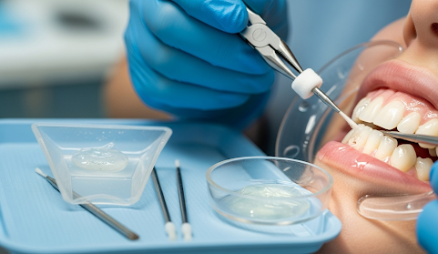Close-up of a dentist applying dental gel to a patient’s teeth during a professional whitening procedure.