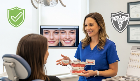 Dentist showing a patient veneer and whitening models during a cosmetic smile consultation in the clinic.