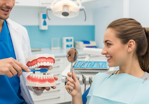 Dentist demonstrating proper brushing technique on a dental model while the patient observes with a mirror.