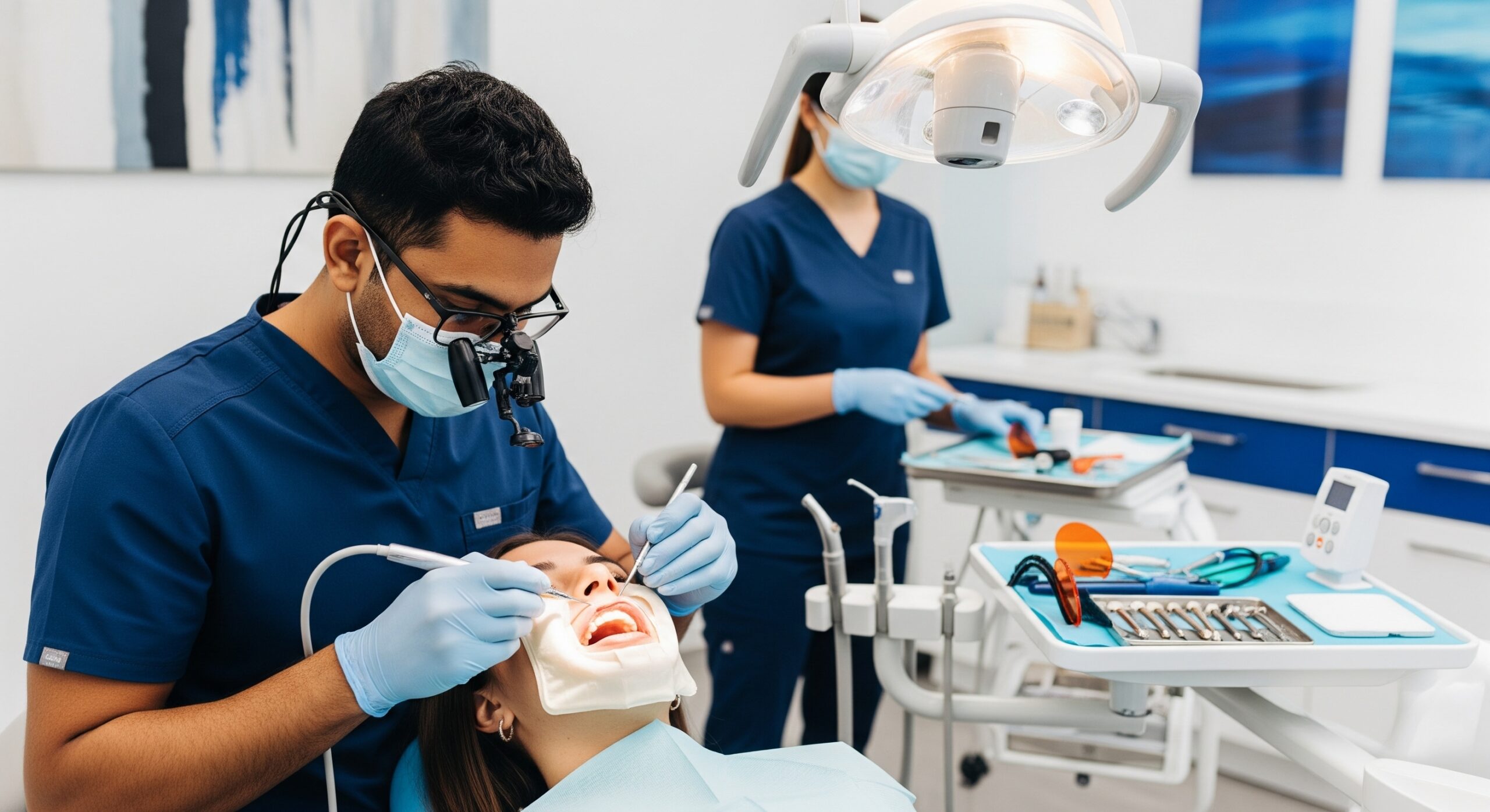 Dentist working with magnification loupes while an assistant prepares instruments in a modern dental clinic.