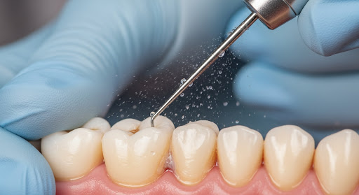 Close-up of dental scaling tool cleaning plaque from molar surfaces during a professional oral hygiene procedure.