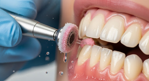 Close-up of a dental polishing tool cleaning and buffing tooth surfaces during a professional oral hygiene procedure.