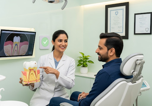 Dentist explaining tooth structure using a model while consulting with a patient in a modern dental clinic.