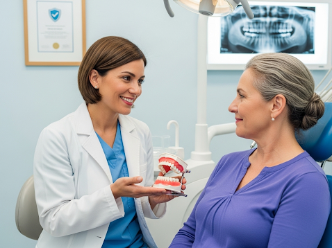 Dentist explaining oral care using a dental model during a consultation with a seated patient.