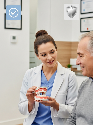 Dentist demonstrating oral care using a dental model during a patient consultation in a modern clinic.