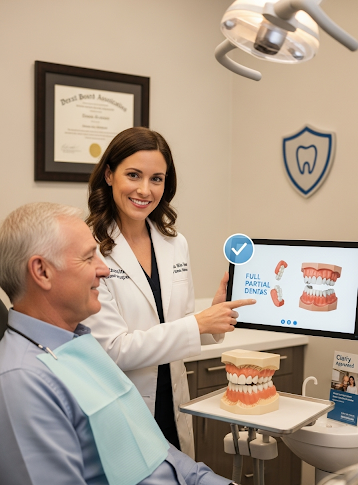 Dentist explaining full and partial denture options to a patient using a digital display and model in the clinic.