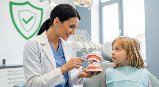 Dentist demonstrating brushing techniques to a child using a dental model in a modern clinic.