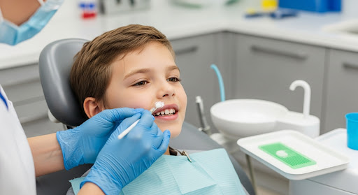 Child receiving a dental check-up as the dentist examines his teeth in a clean, modern pediatric clinic.