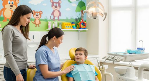 Pediatric dentist comforting a young patient in a bright, child-friendly clinic with colorful wall art.