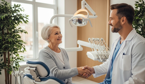 Dentist greeting an elderly patient with a handshake in a bright, modern dental clinic.
