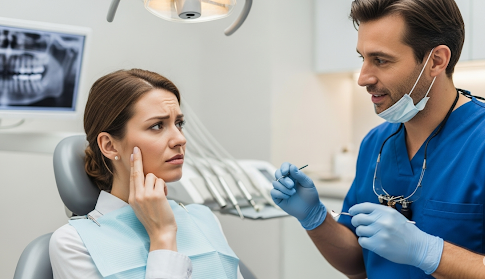 Dentist consulting a patient holding her cheek in pain during a dental examination in a modern clinic.