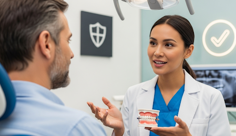 Dentist explaining oral health using a dental model during a consultation with a patient.