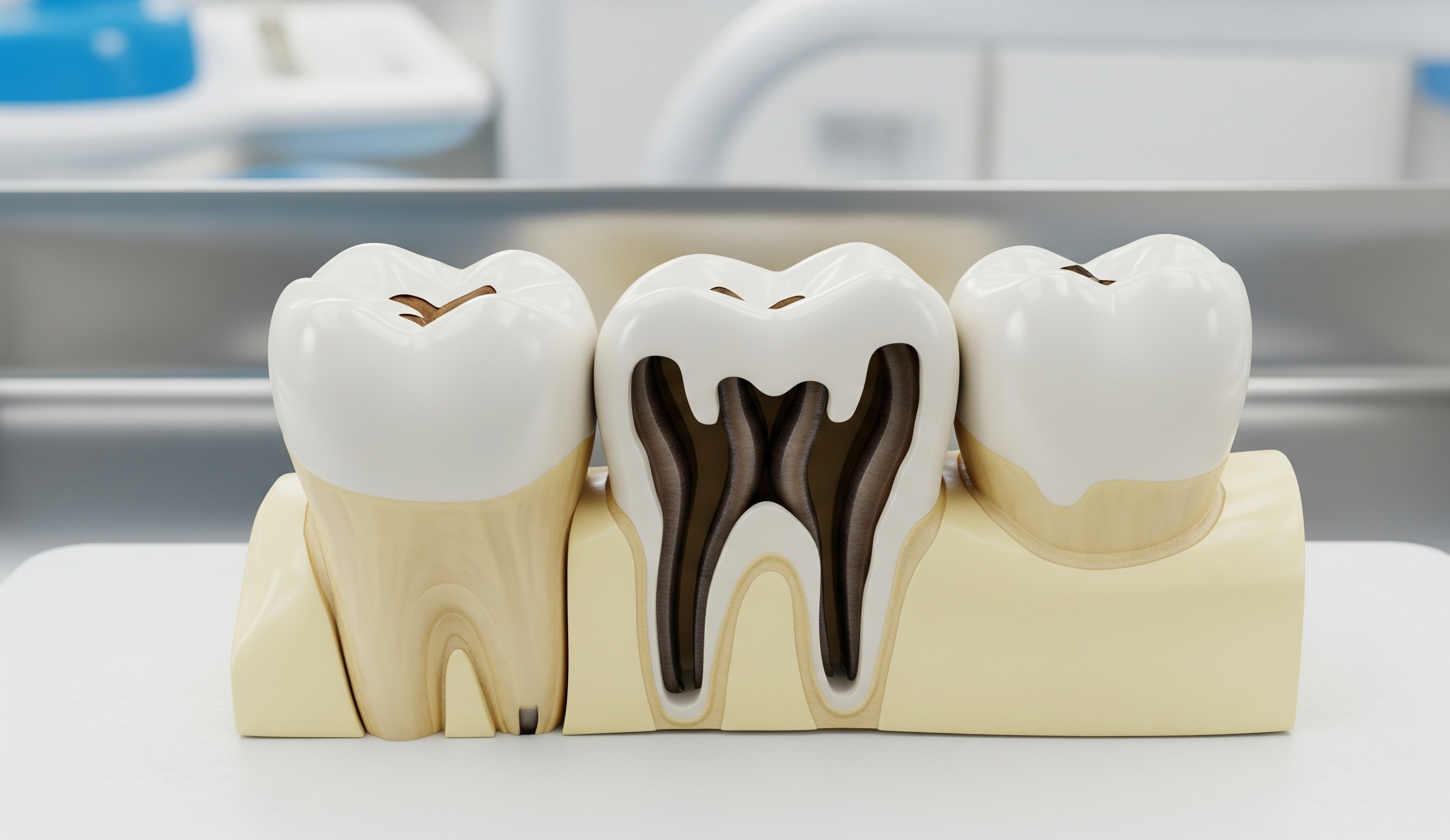 Illustration showing tooth decay progression from surface cavities to deep infection inside the root canal.