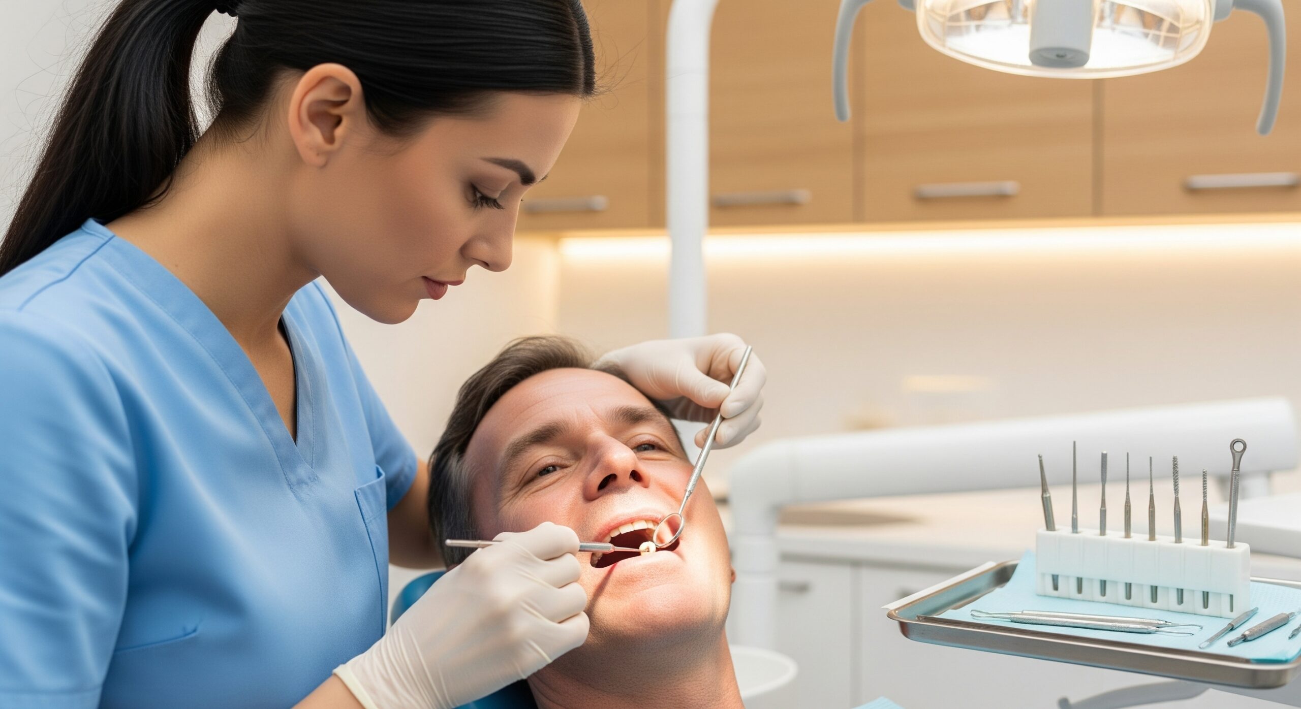Dentist performing a detailed oral examination on a patient using professional instruments in a modern clinic.
