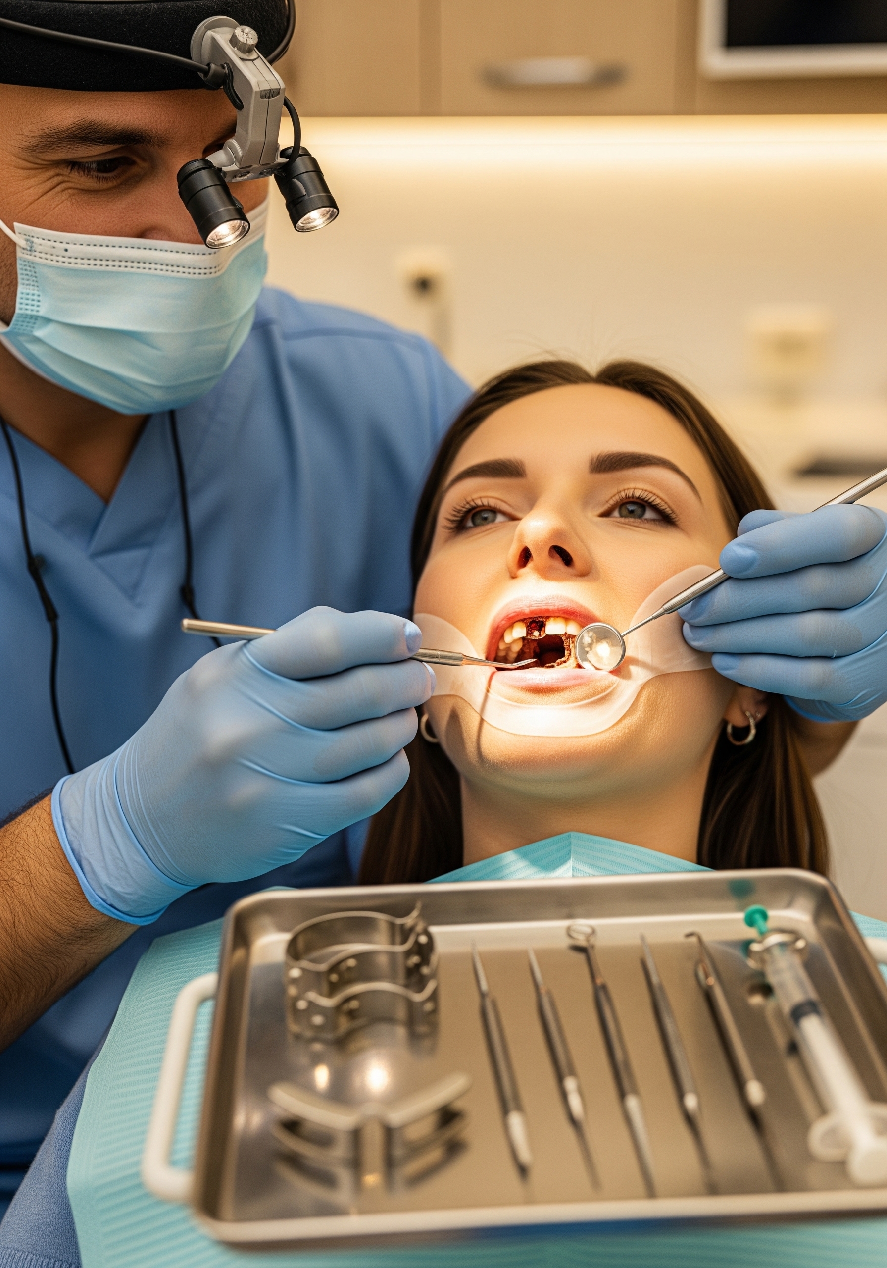 Dentist performing a detailed restorative procedure with professional instruments during a patient’s oral treatment.