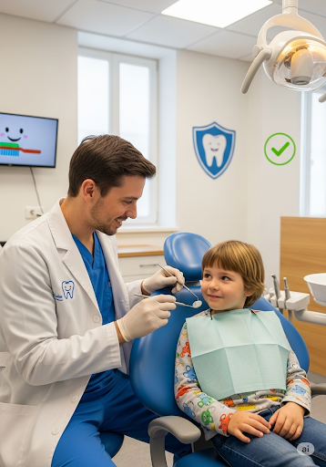 Dentist gently preparing for a child’s dental check-up in a bright and friendly pediatric clinic.