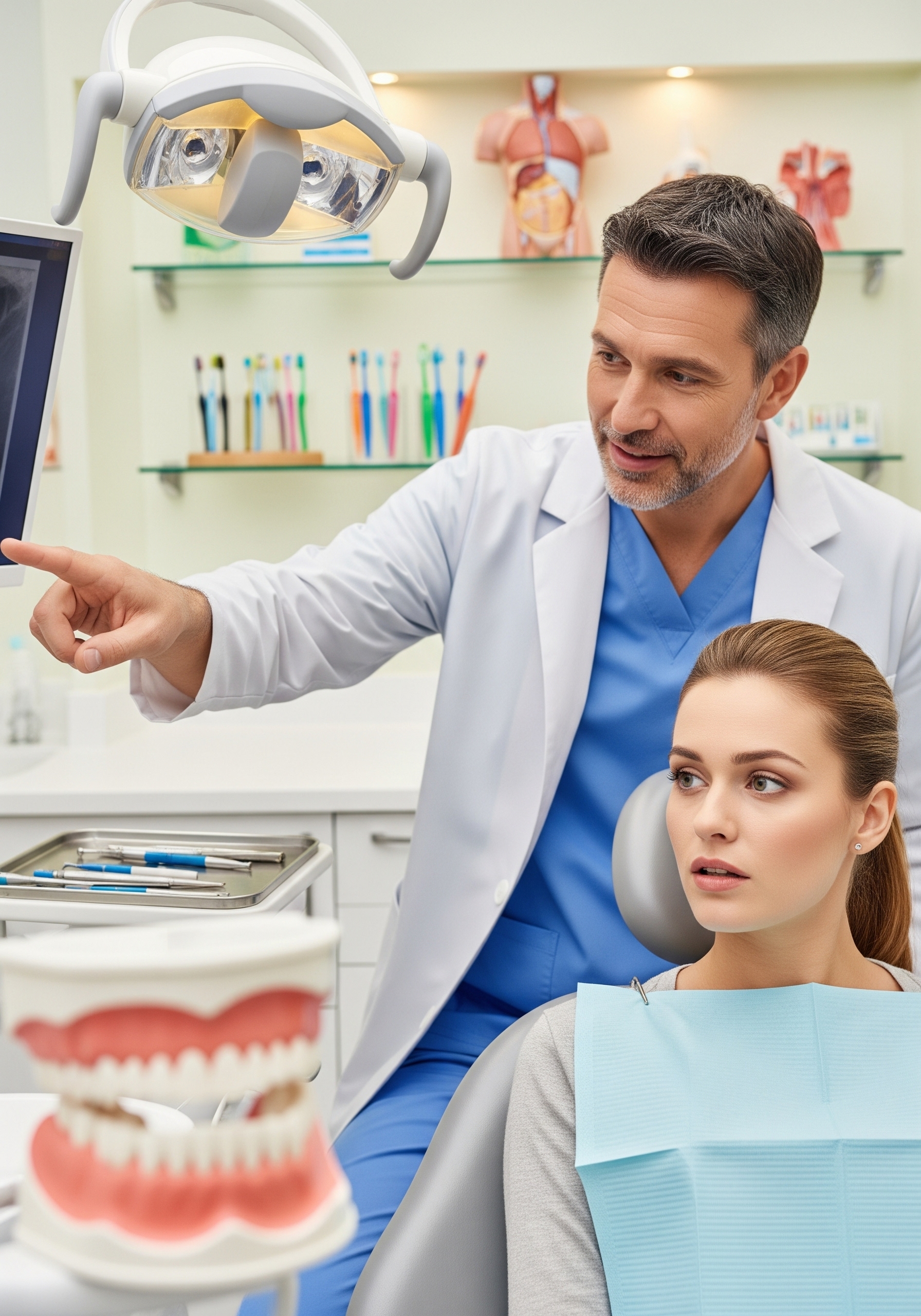 Dentist reviewing a dental X-ray on the monitor while explaining treatment details to a patient in the clinic.