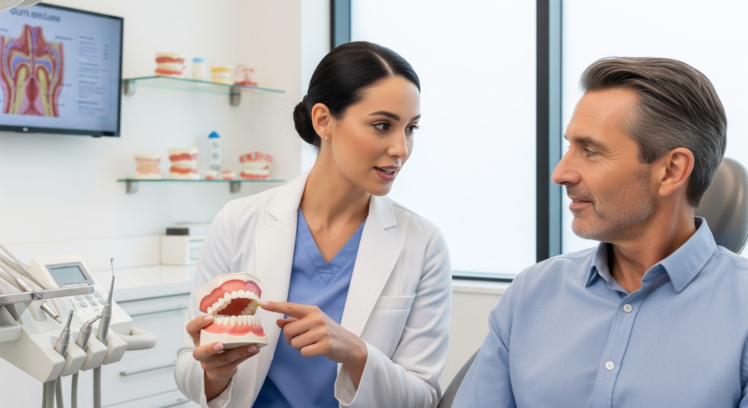 Dentist explaining oral health using a dental model during a detailed consultation with a patient in the clinic.