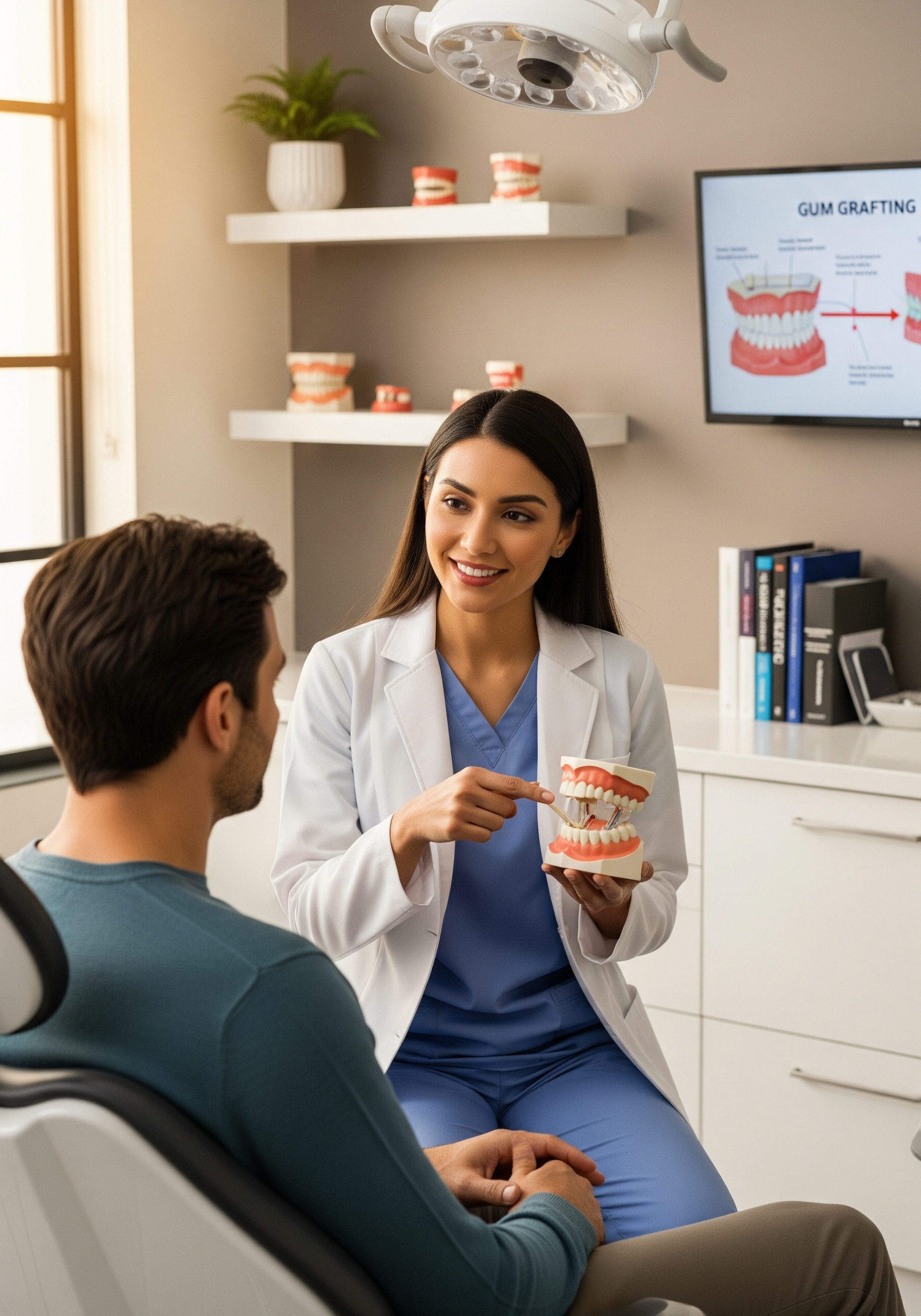 Dentist demonstrating gum grafting concepts with a dental model during a patient consultation in the clinic.