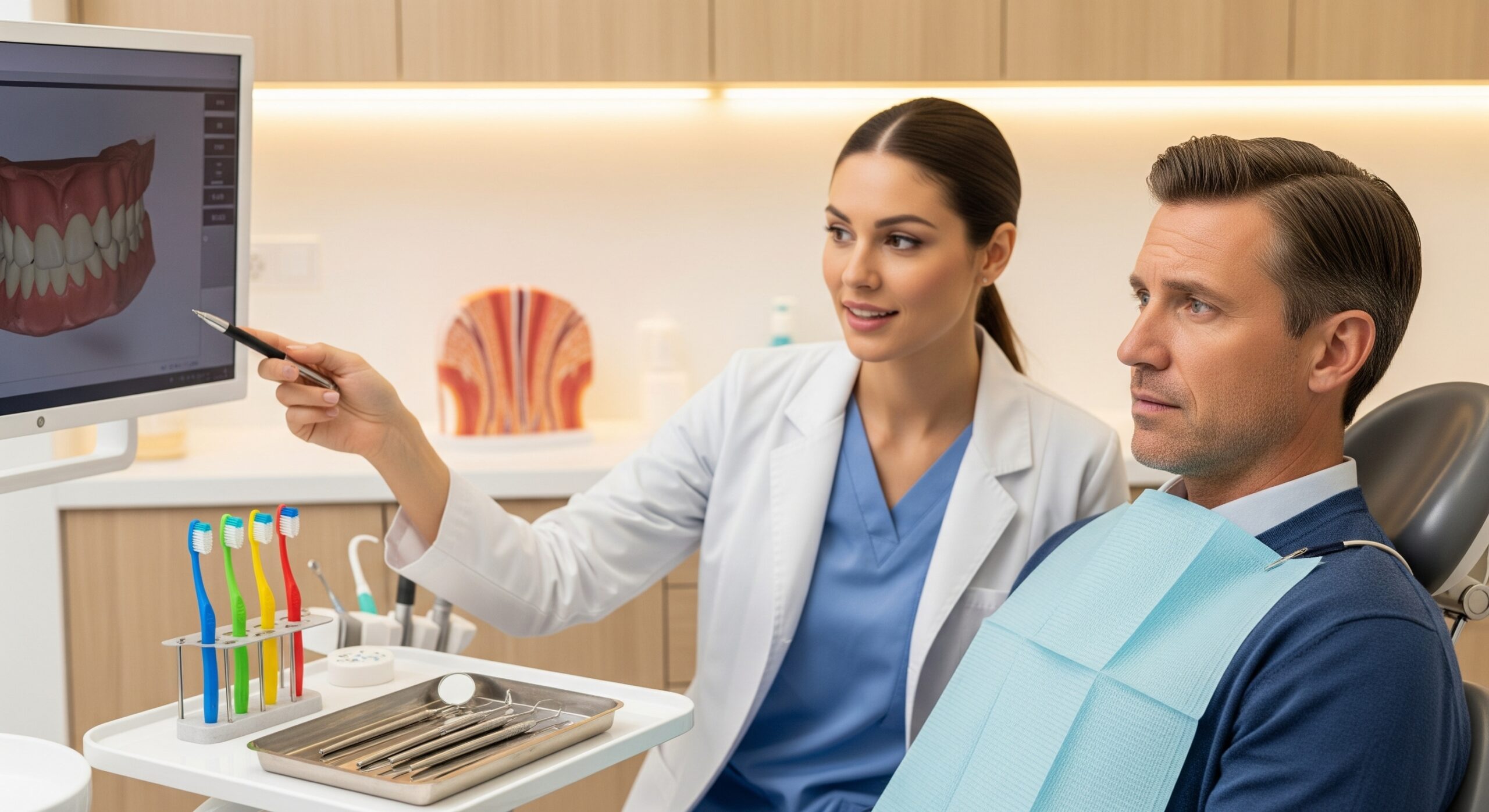 Dentist reviewing a digital dental model with a patient during a consultation in a modern clinic.