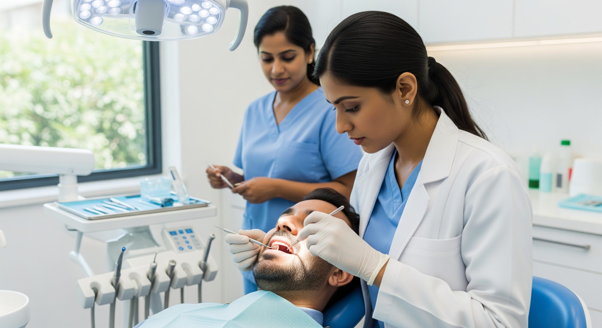 Female dentist examining a male patient’s teeth with a dental assistant supporting the procedure in a modern clinic.