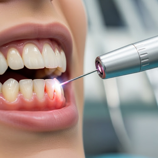 Close-up of a dental laser being used to treat the patient’s gumline during a precise oral procedure.
