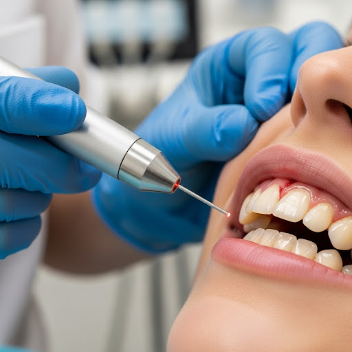 Close-up of a dental professional using a precision tool to examine and treat the patient’s gumline.