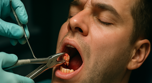 Close-up of a dentist removing an extracted tooth with forceps during a dental surgical procedure.