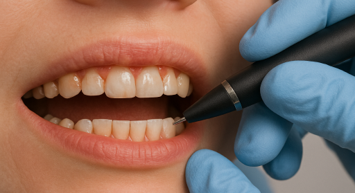 Close-up of a dental professional using a precision tool to examine and clean the lower front teeth.